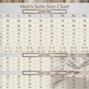 May include: A beige and brown size chart for suits, featuring tables for jacket, vest, and pants sizes. The chart includes columns for XS through 5XL, with rows detailing measurements for chest, waist, shoulder width, sleeve length, cloth length, weight, and height in centimeters and kilograms.