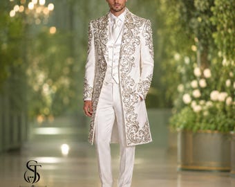 Custom White Silver Embroidered 3 Piece Wedding Tuxedo, Groom Suit, Slim Fit, Ornate Lapel, Beaded Paisley, Luxury Formal Suit