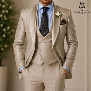 May include: A beige patterned blazer with a shawl lapel, a double-breasted beige waistcoat, a light blue dress shirt, and a black paisley tie. A white flower boutonniere is pinned to the lapel, and a gold watch is visible on the wrist.