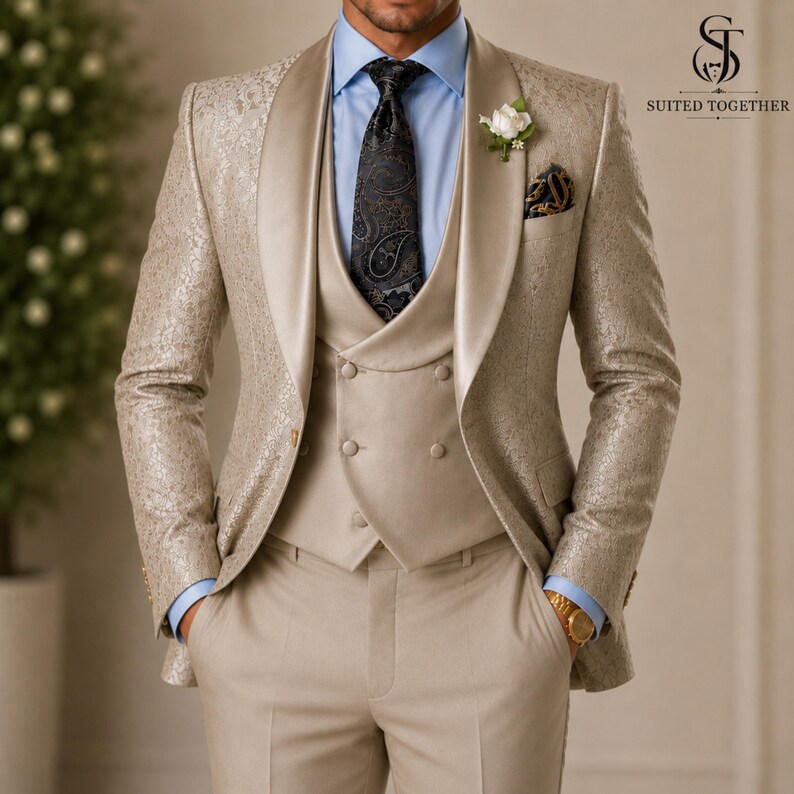 May include: A beige patterned blazer with a shawl lapel, a double-breasted beige waistcoat, a light blue dress shirt, and a black paisley tie. A white flower boutonniere is pinned to the lapel, and a gold watch is visible on the wrist.
