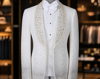 Custom luxe witte bruiloft smoking voor bruidegom, strass sjaal revers pak, 3-delig custom trouwpak, formele galablazer