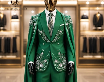 Custom smaragdgroen trouwpak heren met cape, luxe bruidegom smoking, strass blazer, slim fit galakostuum zwart blauw roze champagne