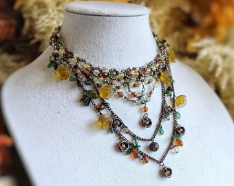 Vintage Artisan Boho Beaded Charm Bib Statement Necklace - Gorgeous Fall Colors - Unsigned