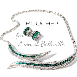 MUSEUM QUALITY: Marcel Boucher for Avon of Belleville Emerald & Clear Rhinestone Set | Rhodium Plated | Unique Button-Front Necklace