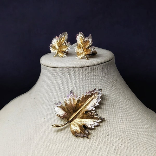 Vintage Sarah Coventry Gold & Silver Maple Leaf Brooch and Clip Earrings - Canada Day Jewelry