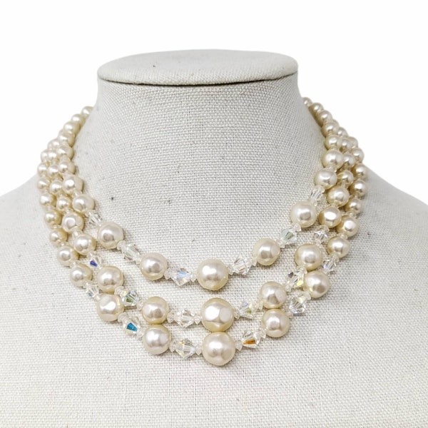 Vintage 50s Triple Strand Graduating Cream Faux Pearl & AB Crystal Bead Necklace - Bridal - Wedding - Prom - Collectible MCM Costume Jewelry