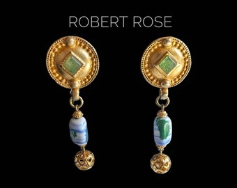 FABULOUS Signed ROBERT ROSE Etruscan Revival Statement Earrings - Brushed Matte Gold Green/Blue/White Marbled Glass Bead Dangle