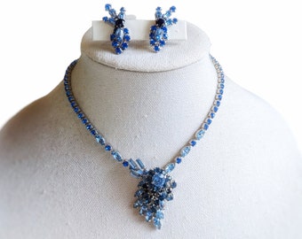 Vintage Blue Rhinestone Necklace Earring Set: Tiered Crystal Demi Parure