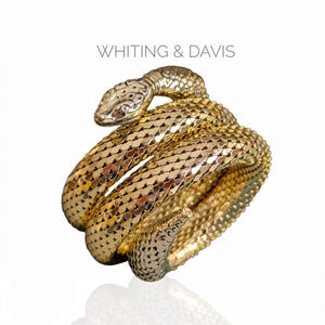 May include: A gold-coloured snake bracelet with a textured, scale-like pattern. The snake's head has a lighter metallic finish. The text "WHITING & DAVIS" is displayed above the bracelet.