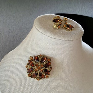Vintage 50er Jahre Rootbeer Strass Brosche und Ohrring Set