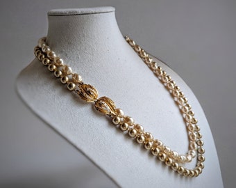 MCM Long Double Strand Vintage Round & Baroque Glass Pearl Necklace w/ Goldtone Textured Leaf Focal Clasp - Coco and Champagne Faux Pearls