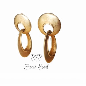 Signed ©P.E.P Erwin Pearl Chunky MODERNIST Satin Gold tone Door Knocker Statement Earrings Designer Signed Drop Earrings image 1