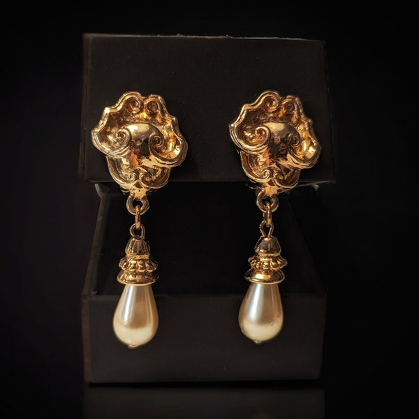 Vintage 80s Statement Tear Drop Faux Pearl Drop/Dangle Clip-on Earrings - High-End Costume Jewelry