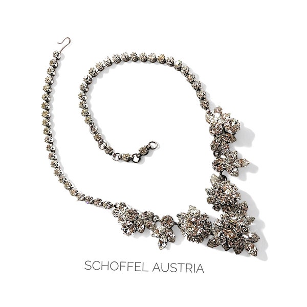 Excepcional corona firmada Schoffel & Co. Collar de gargantilla de cristal austriaco plateado rodio - joyería nupcial regalo de ocasión especial
