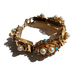 Ornate 1950s Victorian Revival 3D Gold Tone Box Link Charm Bracelet - Faux Pearls, Turquoise & Coral Ballotini Bead Balls