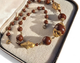 1930s ART DECO Signed CZECH Gilt Brass Filigree Brown Glass Bead Necklace