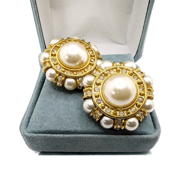 LUX 80s Signed "B"  Rhinestone & Faux Pearl Clip-On Statement Earrings - Designer Luxury Costume Jewelry Collectible