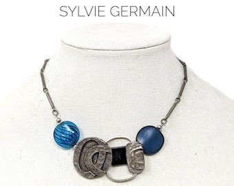 SYLVIE GERMAIN Modernist Brutalist Necklace - Distressed Pewter - Abstract Metal Work & Turquoise Blown Glass Bead - Montreal Designer
