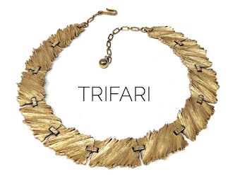 TRIFARI BRUTALIST Modernist, Textured Link, Matte Gold Tone Collar/Choker Necklace, 1960s Mid-Century Modern Collectible Costume Jewelry