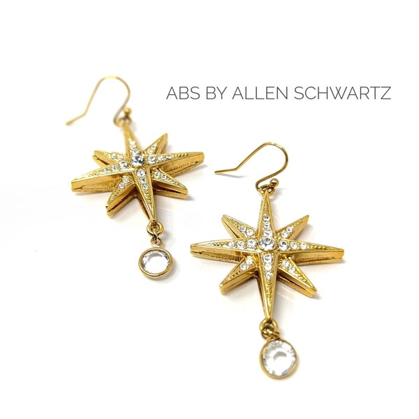 Vintage ABS by Allen Schwartz Celestial STARBURST Rhinestone Encrusted Drop/Dangle Earrings - White Crystal & Gold Tone - Designer Signed