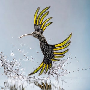 Elegant Vintage Art Nouveau Style Sterling Silver Hummingbird Brooch - Plique-à-jour, Marcasite, Enamel, .925 - Flying Bird Figural Pin