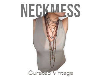 Curated NECKMESS: 5 Vintage Necklaces, 3 Signed, + 55" 1920s Amethyst Czech Glass Beaded Flapper and Beaded Crystal Choker—Mix & Match!