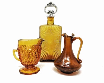 Your Choice -Indiana Glass Diamond Point Creamer  - Decanter - Blown Glass Handled Pitcher/Vase - MCM Barware - Choose all 3 15% discount