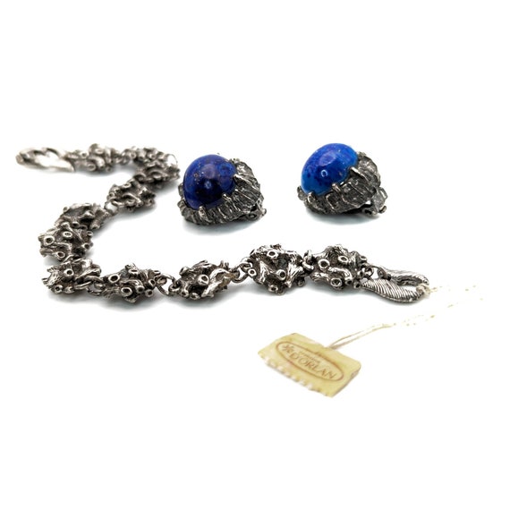 D'ORLAN Vintage Brutalist Faux Lapis Jewelry Set: Antiqued Silver Bracelet & Clip Earrings