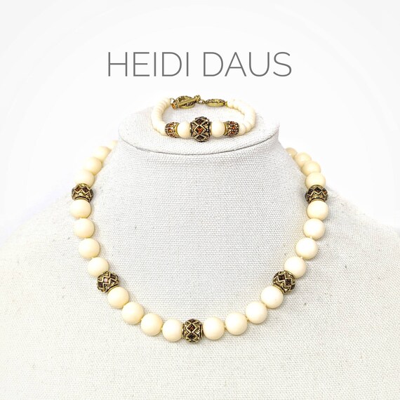 VTG Heidi Daus Single Strand Ivory-Colored Resin and Swarovski Bead Demi-Parure Necklace & Bracelet Set - Collectible Costume Jewelry