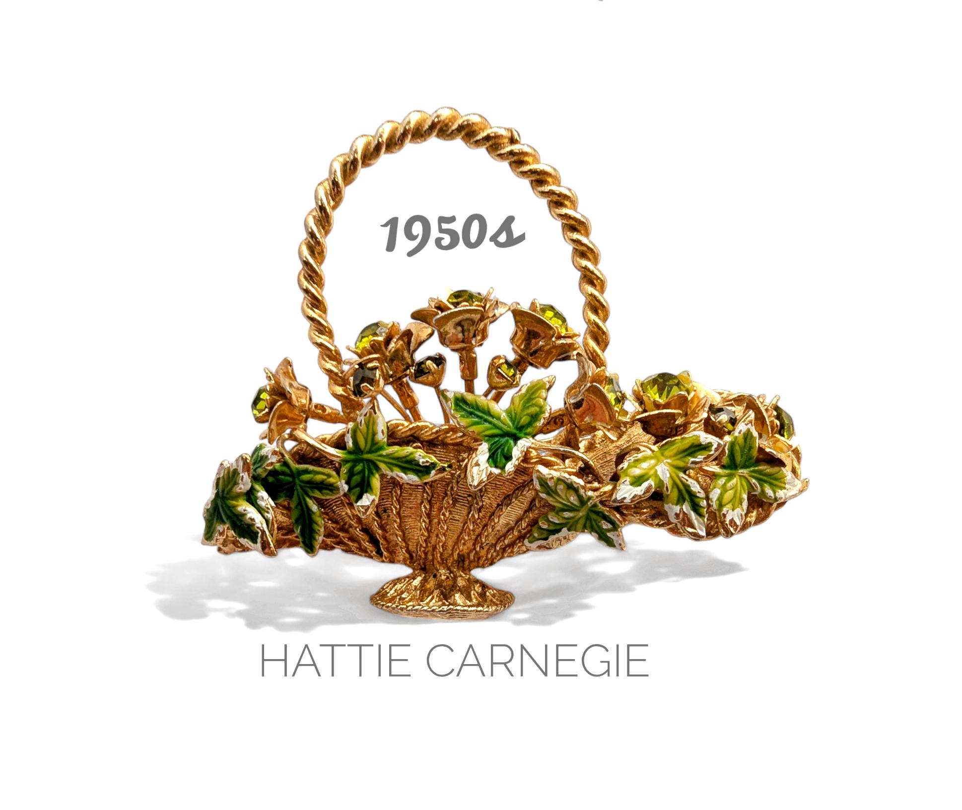 Hattie Carnegie Flower Basket Brooch: 50s Enamel Leaf, Olivine