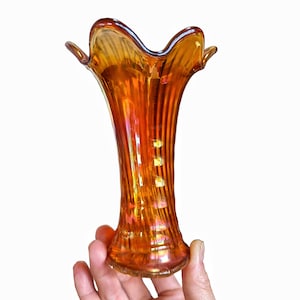 Antique IMPERIAL Iridescent Marigold Carnival &quot;Ripple&quot; Glass Swung Vase Circa 1910-1912 - Collectible Art Glass