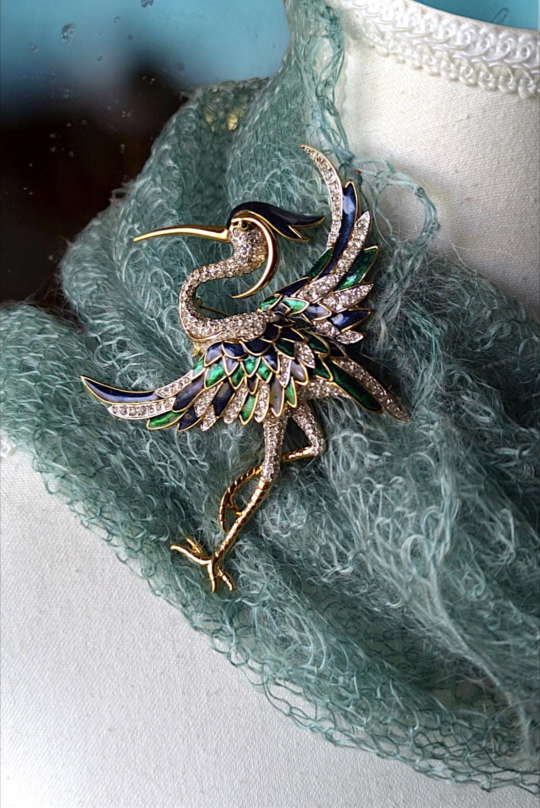 D’ORLAN エナメルペイント 鳥バード ブローチ ラインストーンヴィンテージ Massive 70s D'ORLAN Heron Bird Brooch 22K Triple-plate Gold