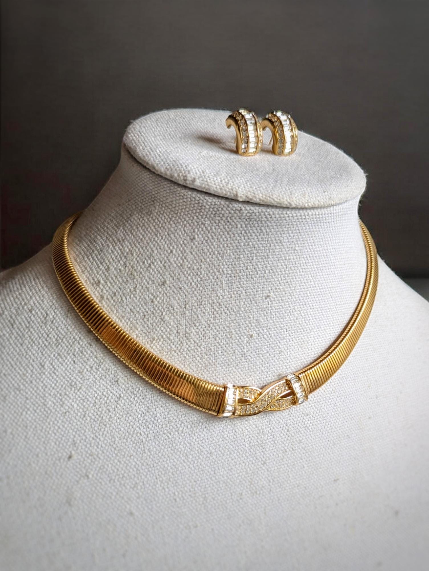 80s Christian Dior Necklace Earring Set: Gold Plated Swarovski 