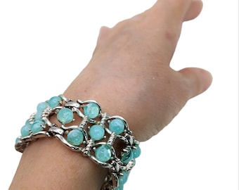 50s Numbered Aqua Marbled Glass Silvertone Link Bracelet - Mid-Century Collectible Costume Jewelry