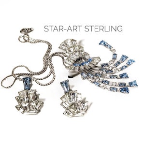 RARE 50s STAR-ART Sterling Pendant/Brooch & Earring Parure Set + .925 Italy Silver Chain - Blue White Rhinestone Crystals - Collectible