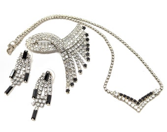 Vintage Art Deco Rhinestone Jewelry Set: Necklace, Brooch, Earrings