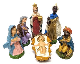 Vintage 6pc Italian Chalkware Nativity Set - Mary, Joseph, 3 Wisemen & Baby Jesus Plaster Figurines - Religious Christmas Decor