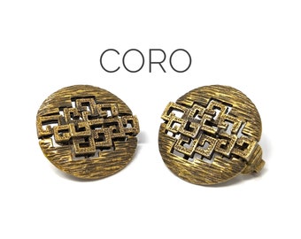 Vintage CORO 60s Brutalist Modernist Round Button Clip-On Earrings - Antiqued Gold Tone with Raised Textured Cut-Out Mondrian Square Design