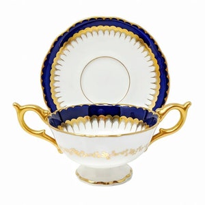 Antique Coalport Cobalt Blue Bullion Cup & Saucer: Gold Gilt Spearpoint, Pattern 6143