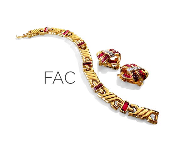 Vintage 80s FAC Fifth Avenue Collection 14K Gold Plate Simulated Ruby Swarovski Crystal Clip-On Earrings & Bracelet Set - Holiday Gift Idea!
