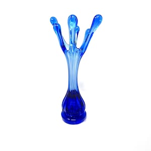 Mid Century Cobalt Blue 12&quot; Swung Glass 6 Finger Vase -  MCM Free-Form Blown Glass Collectible - Heavy Base - Modern Minimalist Decor