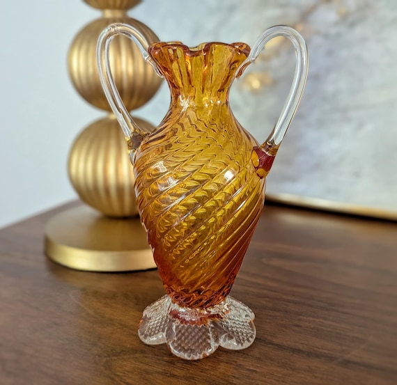 花瓶・フラワースタンド 1970s german Vintage Amber Glass Vase Vintage Amber Blown Glass Vase With Clear Applied Handles and Base