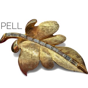 Signed PELL 3D Figural Leaf Brooch | Crystal Baguette Accents | 2.5" Textured Matte Gold Botanical Statement Pin Vintage