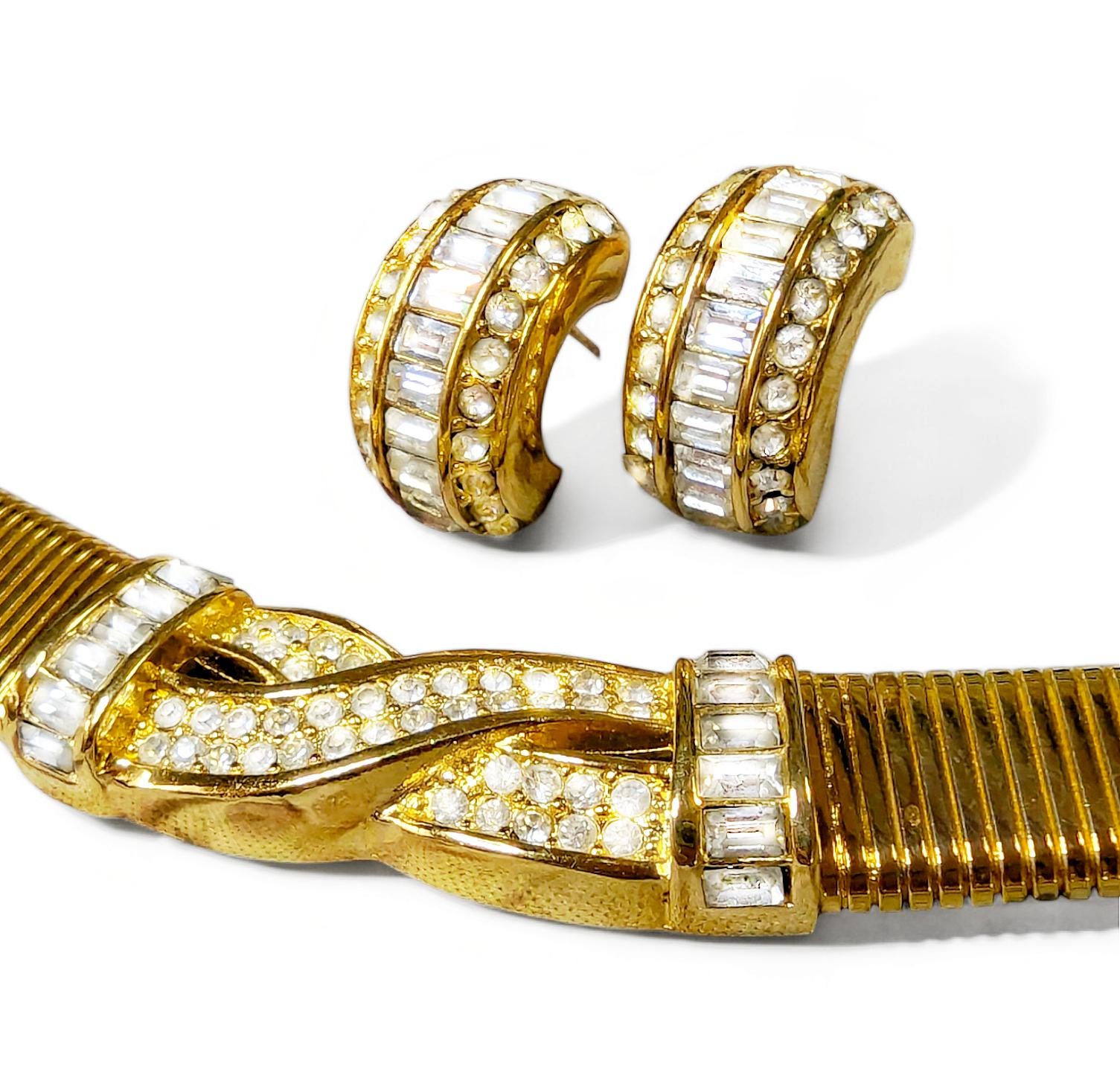 80s Christian Dior Necklace Earring Set: Gold Plated Swarovski