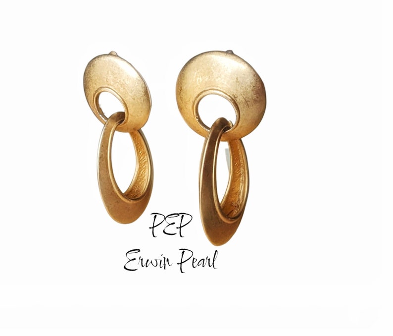 Signed ©P.E.P Erwin Pearl Chunky MODERNIST Satin Gold tone Door Knocker Statement Earrings Designer Signed Drop Earrings image 1