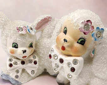 ADORABLE Pair 50s Anthropomorphic White Bubble Glass Sugared Lamb & Puppy Figurines - Rhinestone Bow Tie - Collectible Mid Century Kitsch