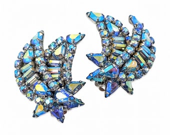 VTG SHERMAN - Rare Blue AB Aurora Borealis Shooting Star Swarovski Crystal Ear Clips - 60s Canadian Designer - Collectible Vintage Jewelry