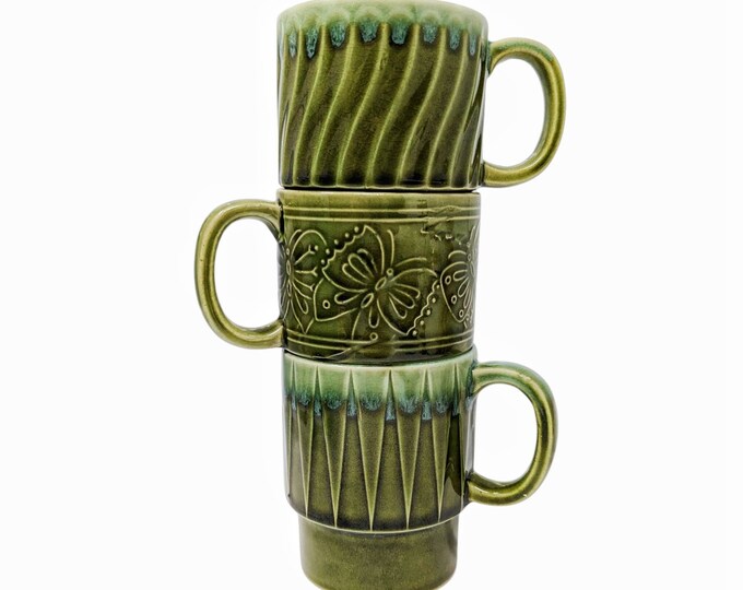 Three 70s Japan Stackable Glazed Coffee Cups Avocado Green Drip Glaze