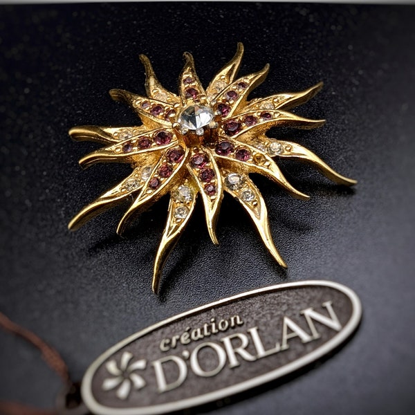 Vintage D'ORLAN Sunburst Brooch - Triple 24K Gold Plate & Amethyst and Clear Swarovski Encrusted Starburst Pin NOS