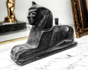 Vintage Art Deco Egyptian Revival Hand Carved Grey/Black Stone Sphinx Sculpture Paperweight